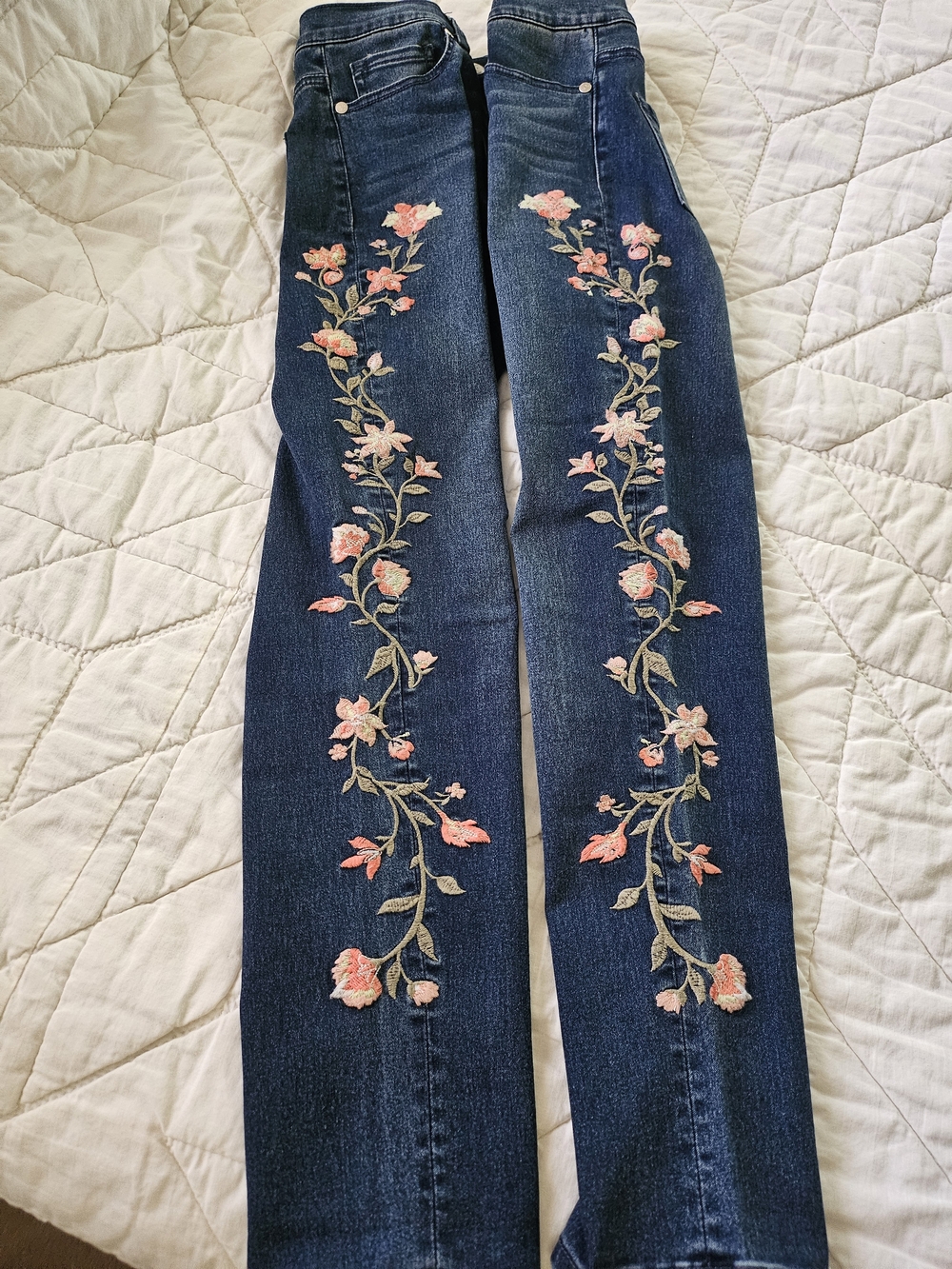 DG2 by Diane Gilman Dark Blue Straight Leg Jeans with Pink Floral Embroidery - Picture 7 of 9